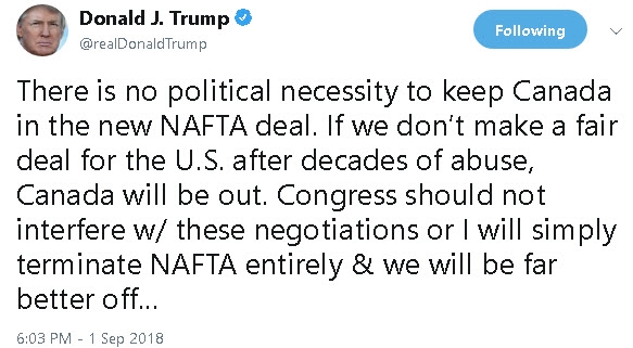 تهديد الرئيس دونالد ترامب للأطراف التي لا تريد خروج كندا من إتفاقية التجارة لأمريكا الشمالية