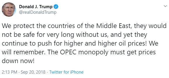 احدى تغريدات ترامب على تويتر منذ عامين يهاجم أوبك في ظل سيطرتها على اسعار النفط المرتفعة